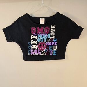 Beautees Girls OMG Peace Love Hope Top Crop Shirt Size L Black Sequin Sparkle